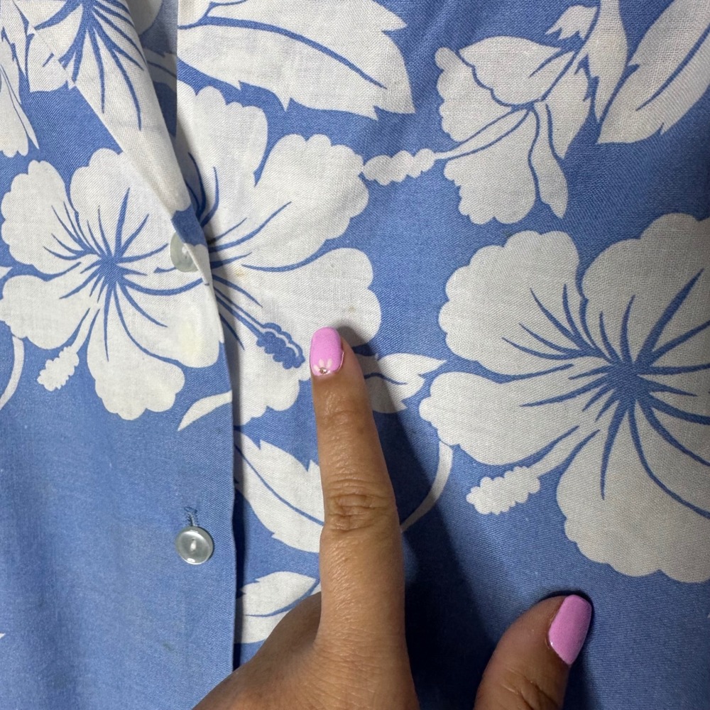Vintage Hilo Hattie Hawaiian Shirt Mens L Blue White Hibiscus Floral Cotton - Picture 3 of 6